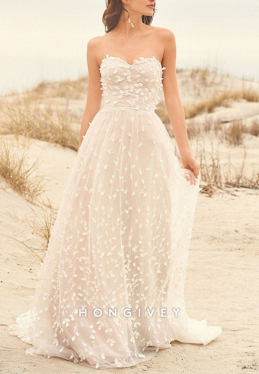 Low Back Pleated Strapless Sweetheart Court Train A-line Beach Wedding Dresses