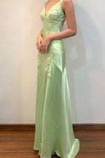 Lime Green Appliques Soft Satin Long Party Dress
