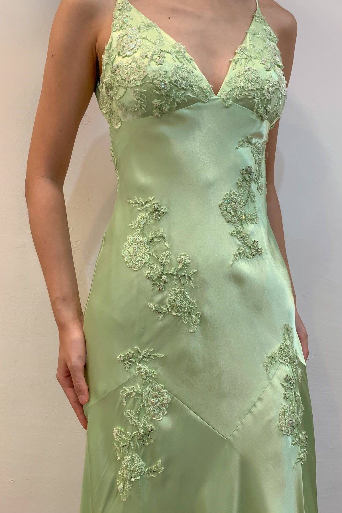 Lime Green Appliques Soft Satin Long Party Dress