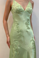 Lime Green Appliques Soft Satin Long Party Dress