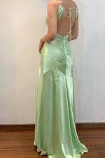 Lime Green Appliques Soft Satin Long Party Dress