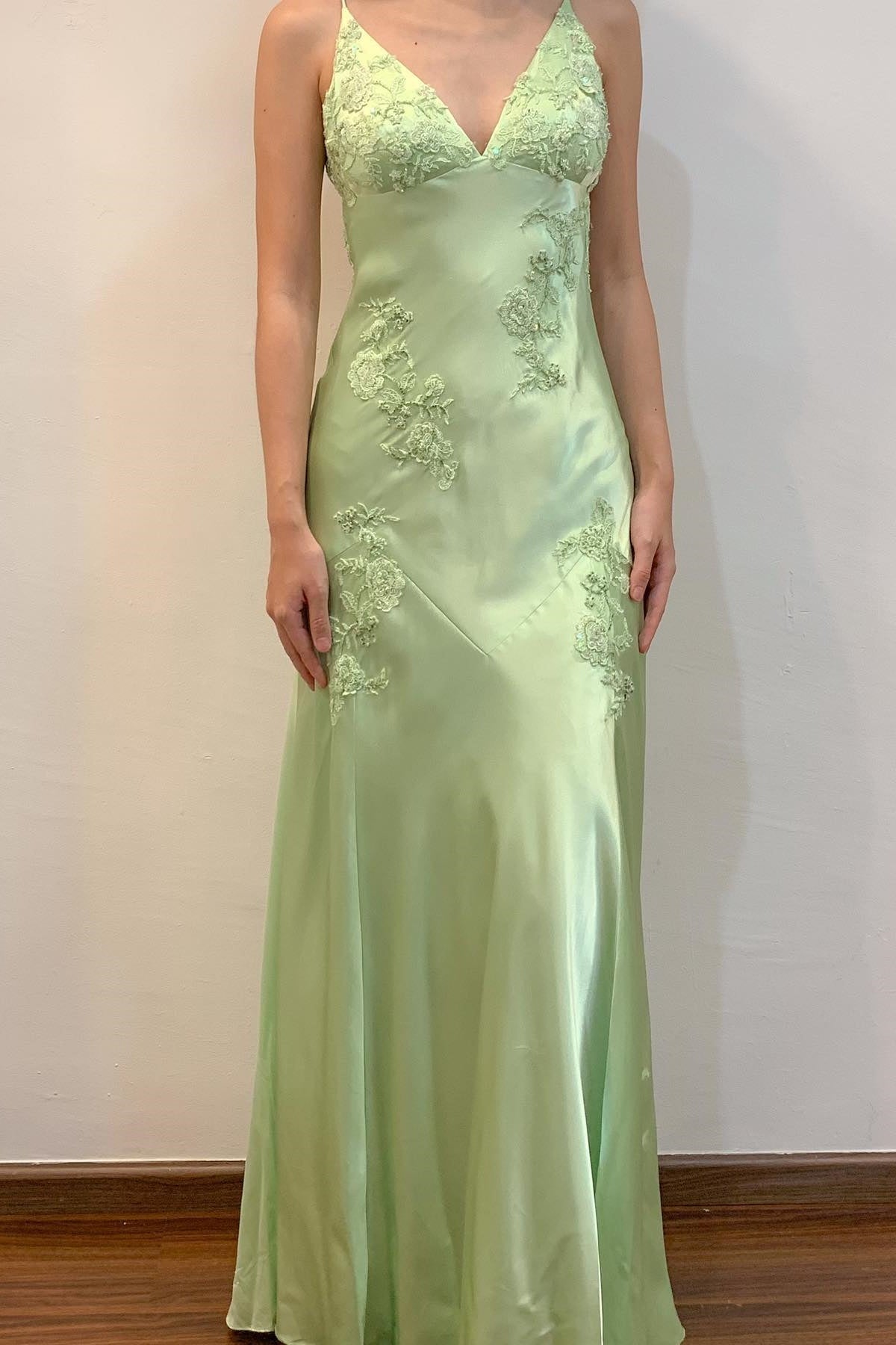 Lime Green Appliques Soft Satin Long Party Dress