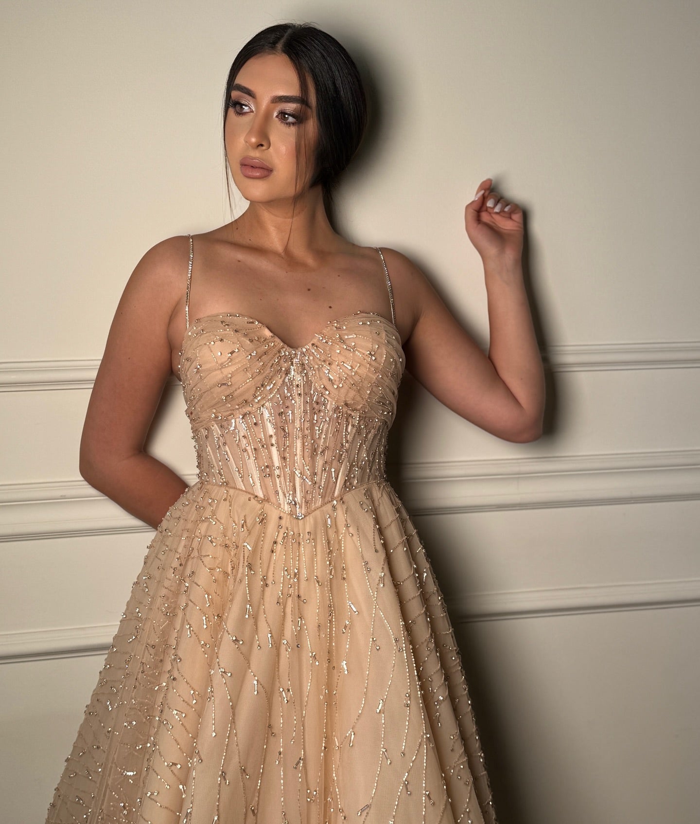 Spaghetti Straps A-Line Sparkle Sequins Beaded Evening Dress Floor-Length