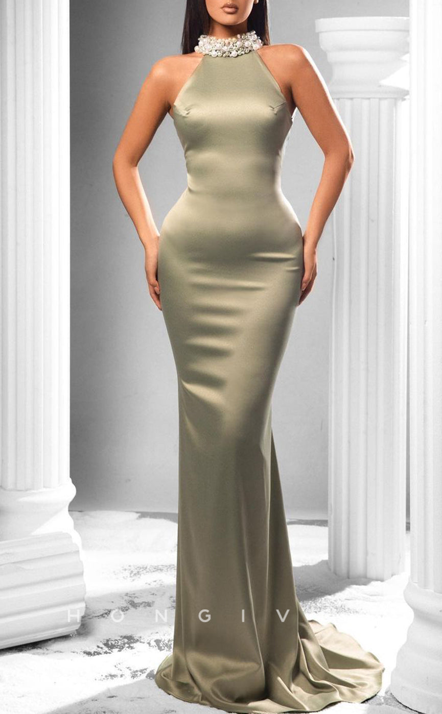 L1802 - Sexy Satin Fitted High Neck Sleeveless Empire Beaded Party Prom Evening Dress