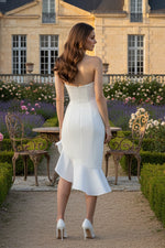 Strapless Bow Sleeveless Mermaid Ruffles Tea-Length Wedding Dress