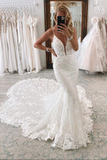 Sexy V-Neck Mermaid with Train Lace Applique Spaghetti Straps Wedding Dress