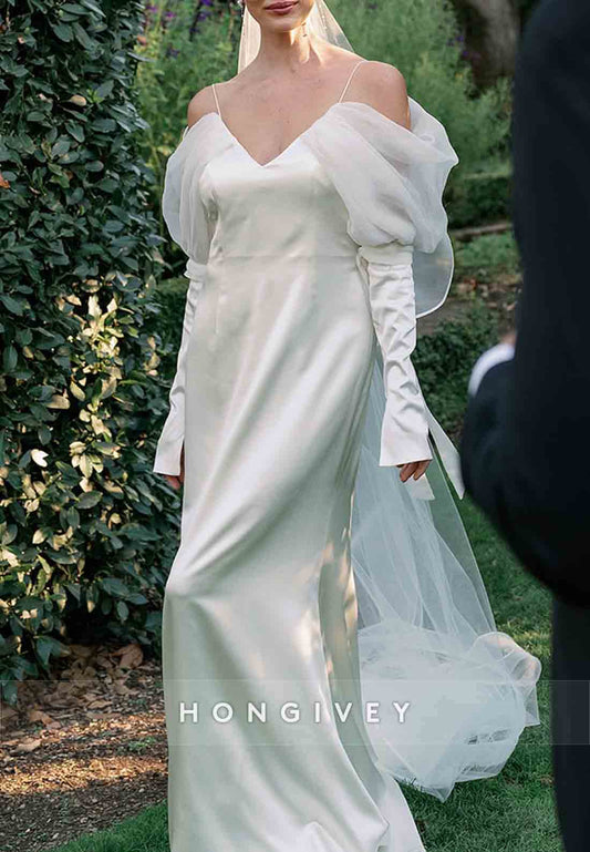V-Neck Long Sleeves Off-Shoulder Pleated Satin Spaghetti Straps Wedding Dresses