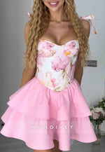 Pink A-Line Floral Print Crisscross Back Short Homecoming Dress with Bowknots