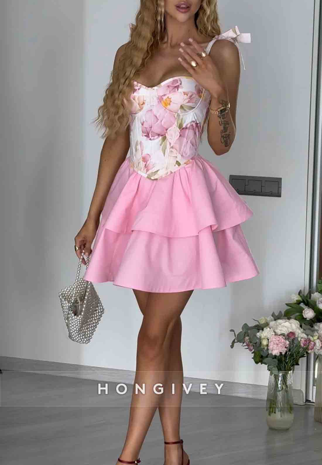 Pink A-Line Floral Print Crisscross Back Short Homecoming Dress with Bowknots