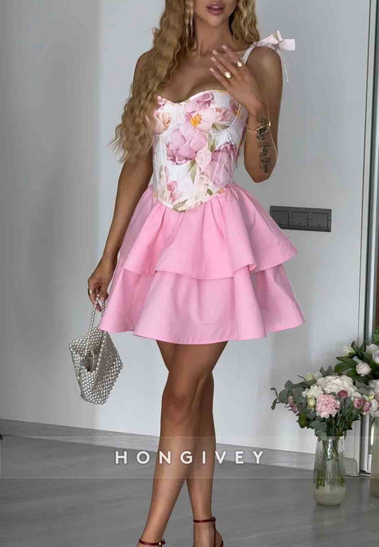 Pink A-Line Floral Print Crisscross Back Short Homecoming Dress with Bowknots