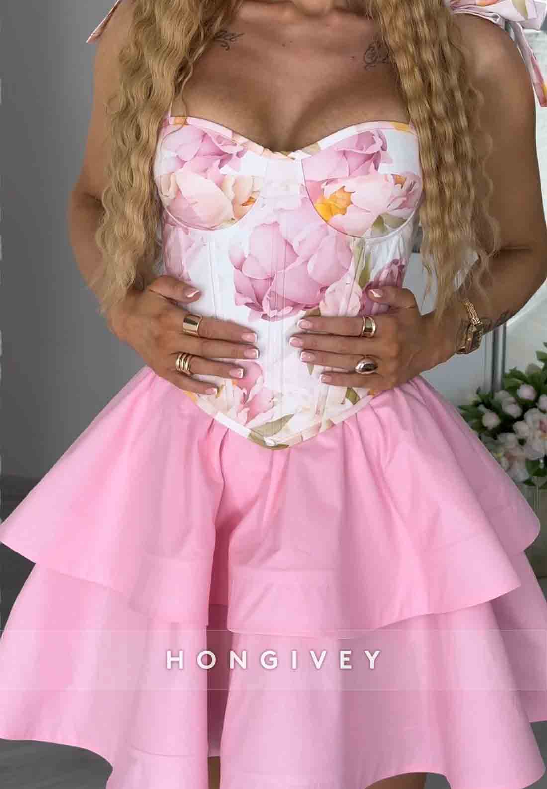 Pink A-Line Floral Print Crisscross Back Short Homecoming Dress with Bowknots