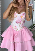 Pink A-Line Floral Print Crisscross Back Short Homecoming Dress with Bowknots