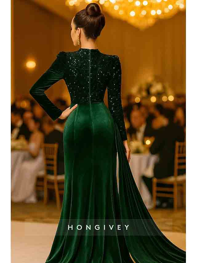 High Neck Mermaid Long Sleeve Evening Gown Side Slit