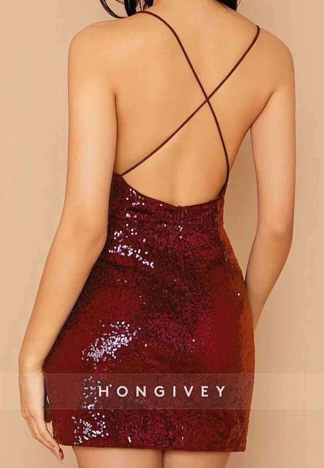 Glitter Crisscross Back Spaghetti Straps V-Neck Sheath Mini Homecoming Dresses