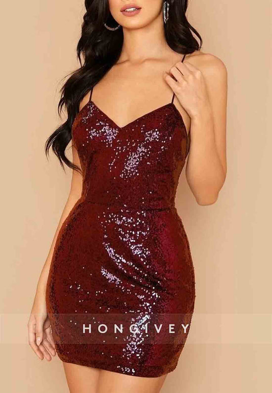 Glitter Crisscross Back Spaghetti Straps V-Neck Sheath Mini Homecoming Dresses