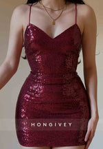 Glitter Crisscross Back Spaghetti Straps V-Neck Sheath Mini Homecoming Dresses