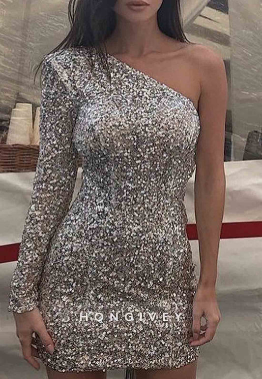 Simple Glitter Sheath One Shoulder Pleated Mini Homecoming Dresses