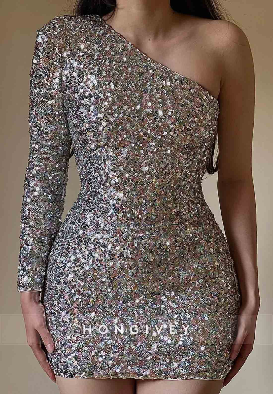 Simple Glitter Sheath One Shoulder Pleated Mini Homecoming Dresses