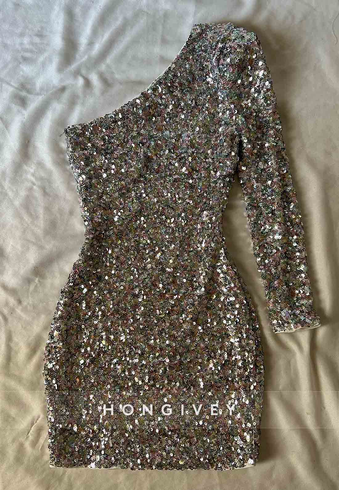 Simple Glitter Sheath One Shoulder Pleated Mini Homecoming Dresses