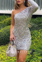 Simple Glitter Sheath One Shoulder Pleated Mini Homecoming Dresses