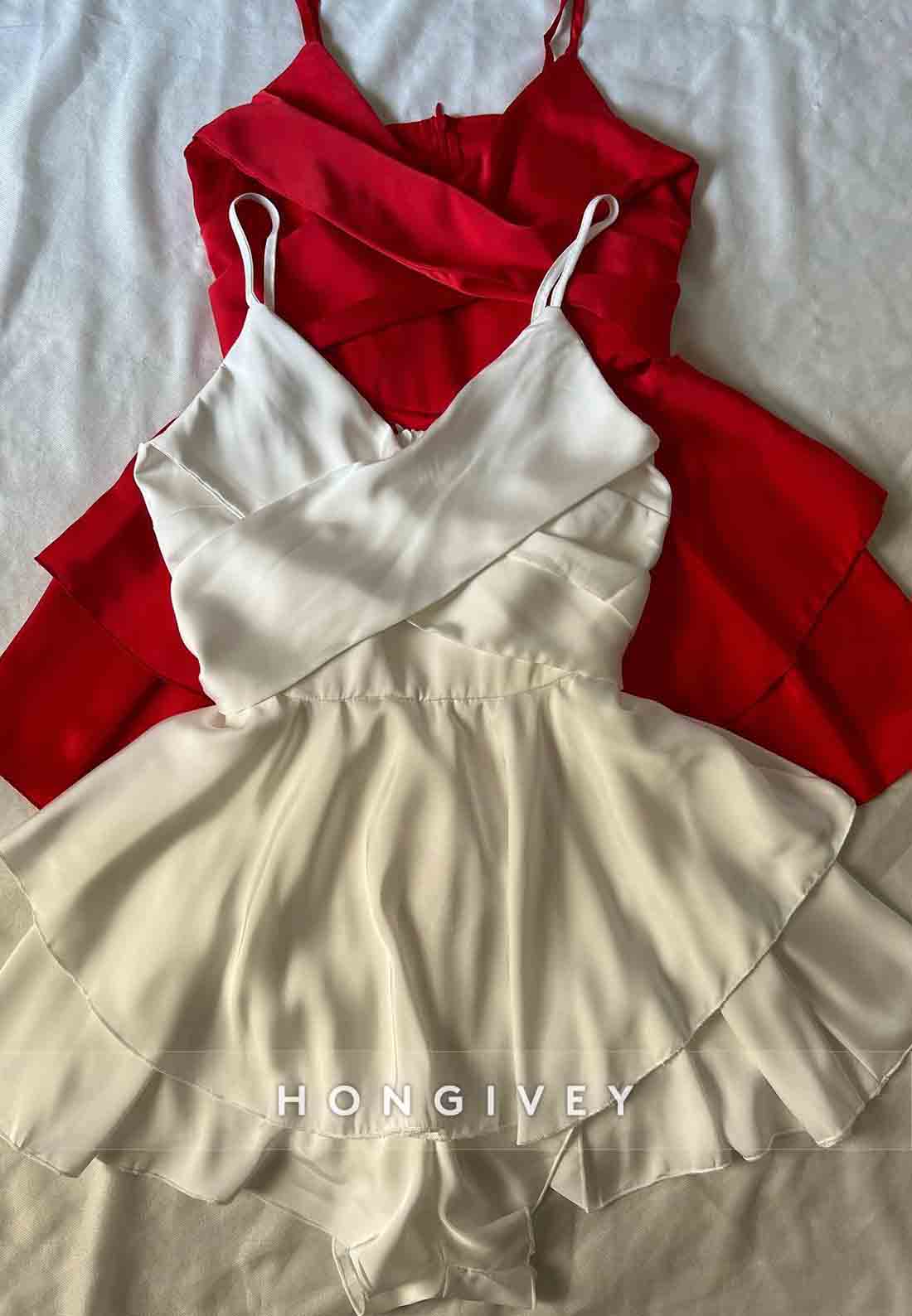 Spaghetti Straps V-Neck Pleated A-Line Mini Homecoming Dresses with Ruched