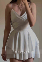 Spaghetti Straps V-Neck Pleated A-Line Mini Homecoming Dresses with Ruched