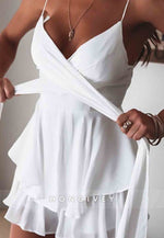 Spaghetti Straps V-Neck Pleated A-Line Mini Homecoming Dresses with Ruched