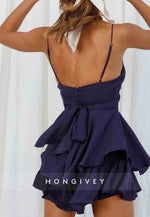 Spaghetti Straps V-Neck Pleated A-Line Mini Homecoming Dresses with Ruched