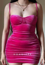 Spaghetti Straps Sleeveless Sweetheart Sheath Pleated Mini Homecoming Dress