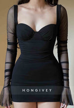 Black Bell Sleeves Sweetheart Sheath Pleated Mini Homecoming Dresses