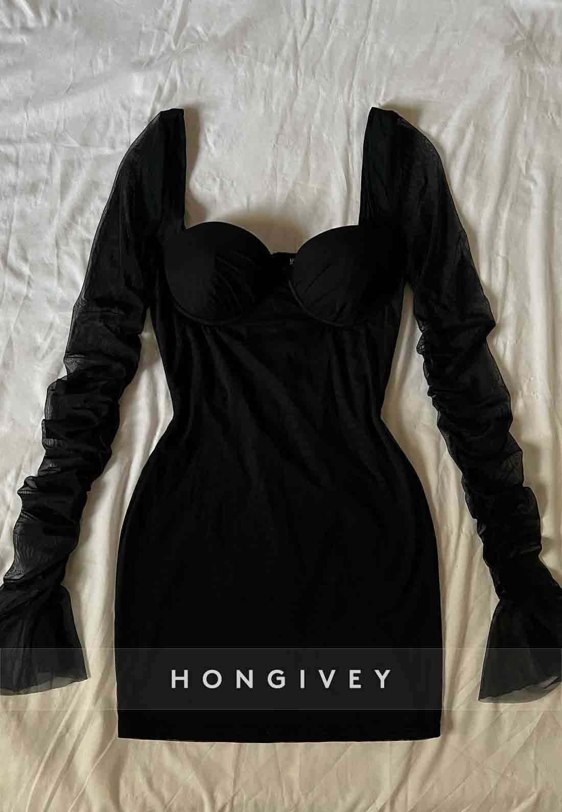 Black Bell Sleeves Sweetheart Sheath Pleated Mini Homecoming Dresses