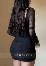 Black Bell Sleeves Sweetheart Sheath Pleated Mini Homecoming Dresses