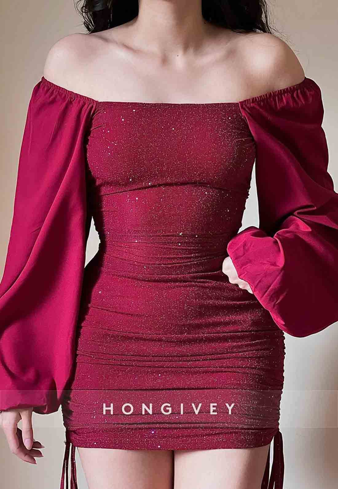 Glitter Off the Shoulder Long Sleeves Pleated Sheath Mini Homecoming Dresses