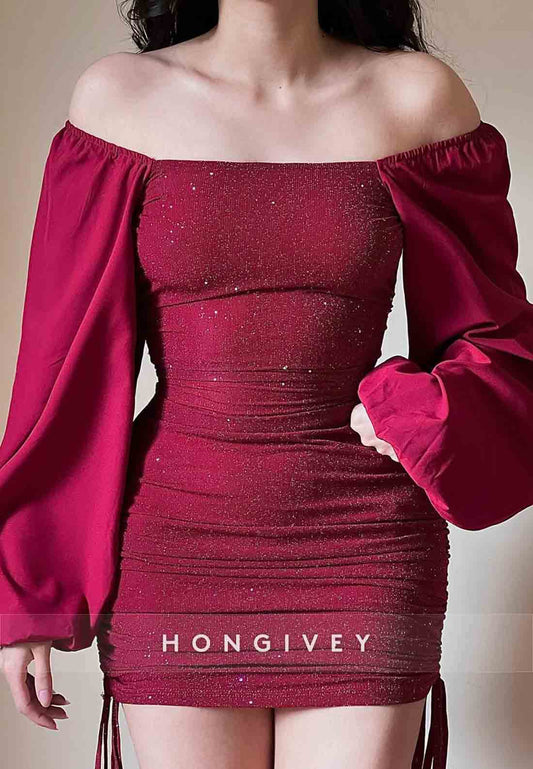 Glitter Off the Shoulder Long Sleeves Pleated Sheath Mini Homecoming Dresses