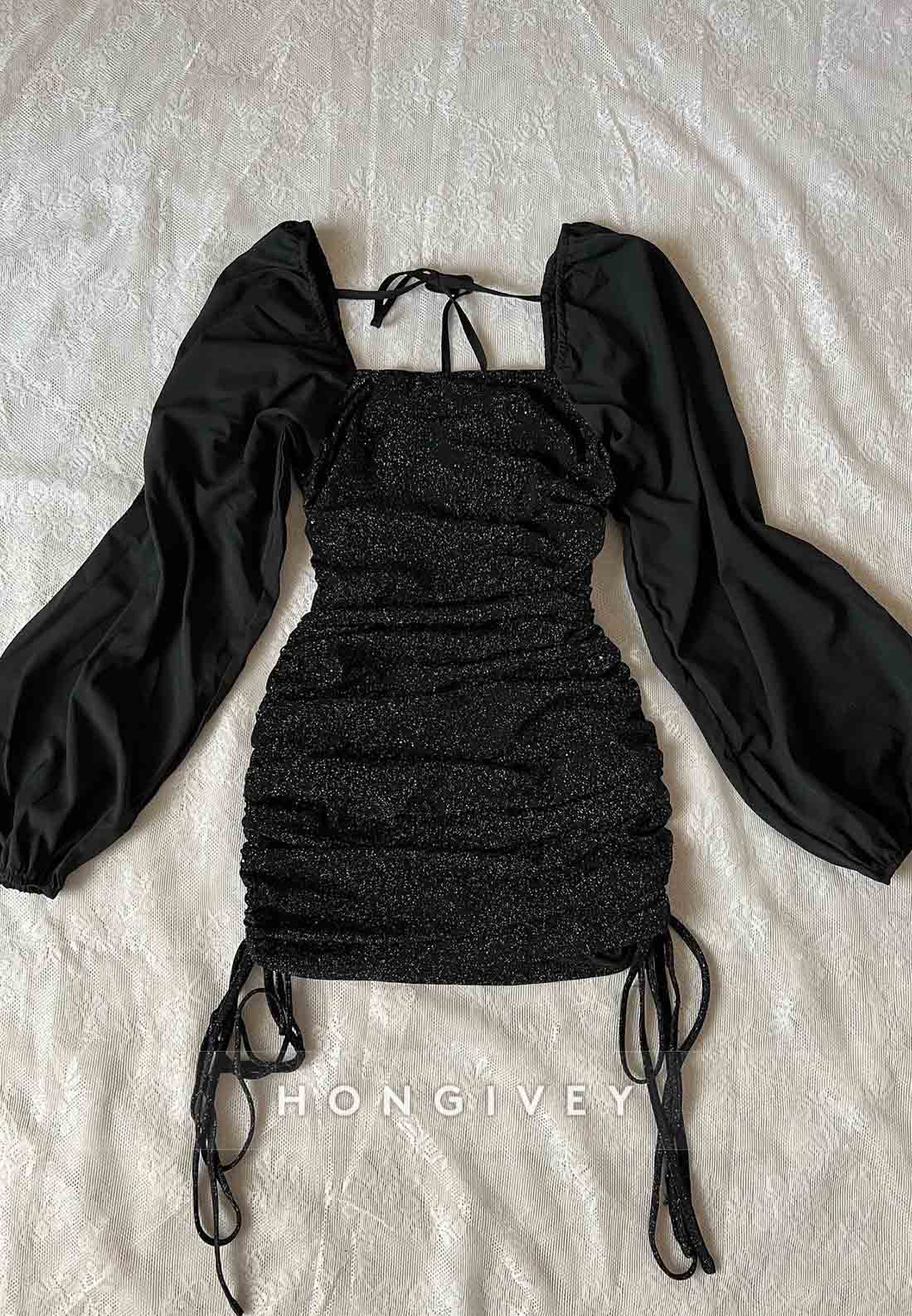 Glitter Off the Shoulder Long Sleeves Pleated Sheath Mini Homecoming Dresses