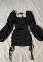 Glitter Off the Shoulder Long Sleeves Pleated Sheath Mini Homecoming Dresses