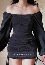 Glitter Off the Shoulder Long Sleeves Pleated Sheath Mini Homecoming Dresses