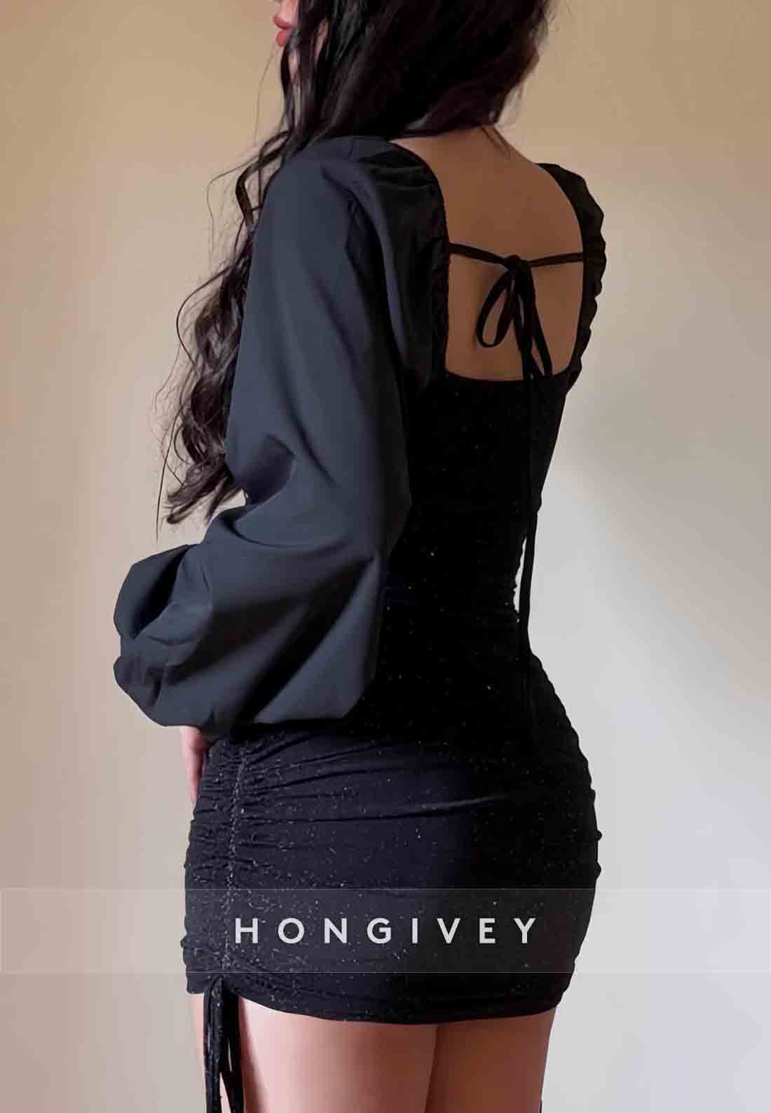 Glitter Off the Shoulder Long Sleeves Pleated Sheath Mini Homecoming Dresses