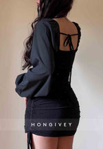 Glitter Off the Shoulder Long Sleeves Pleated Sheath Mini Homecoming Dresses