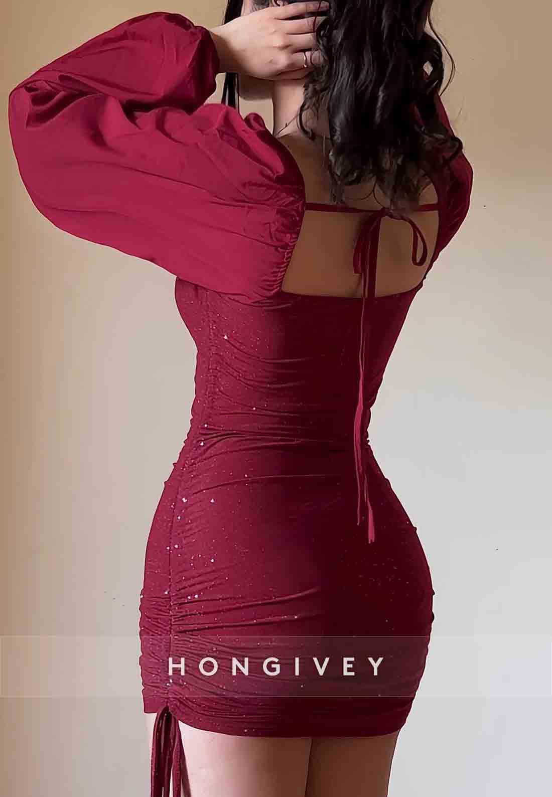 Glitter Off the Shoulder Long Sleeves Pleated Sheath Mini Homecoming Dresses