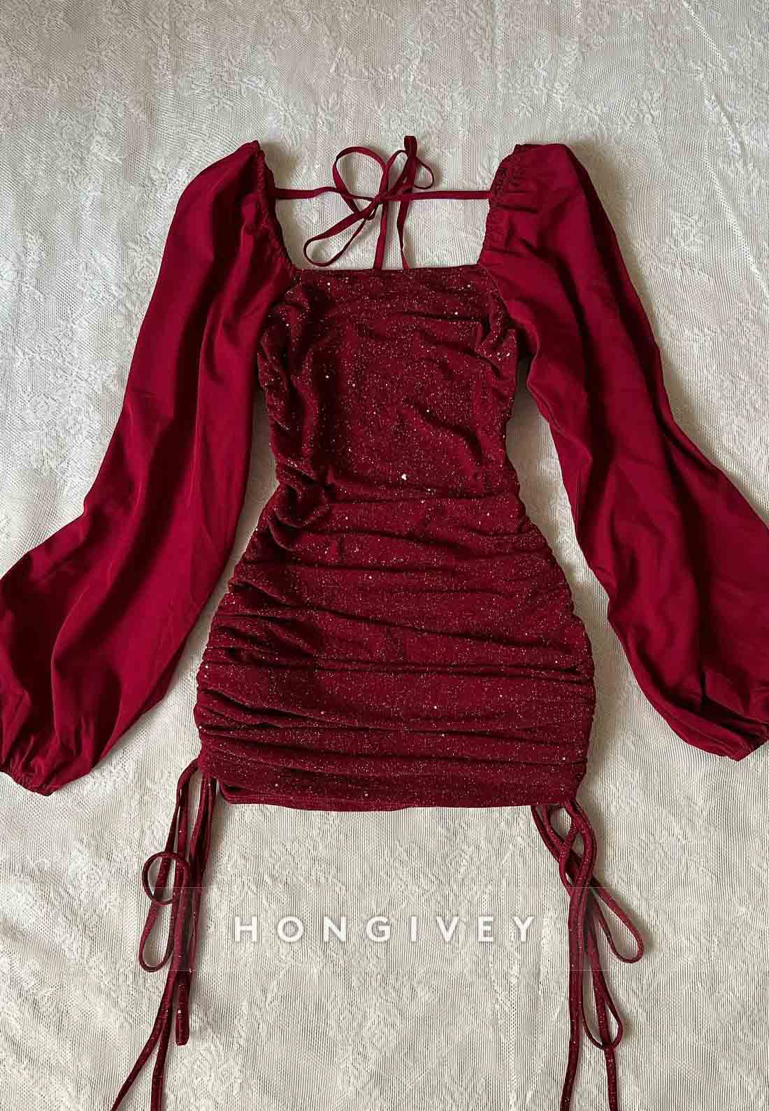 Glitter Off the Shoulder Long Sleeves Pleated Sheath Mini Homecoming Dresses