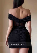 Black Off the Shoulder Side Draping Pleated Mini Homecoming Dresses