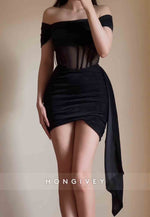 Black Off the Shoulder Side Draping Pleated Mini Homecoming Dresses
