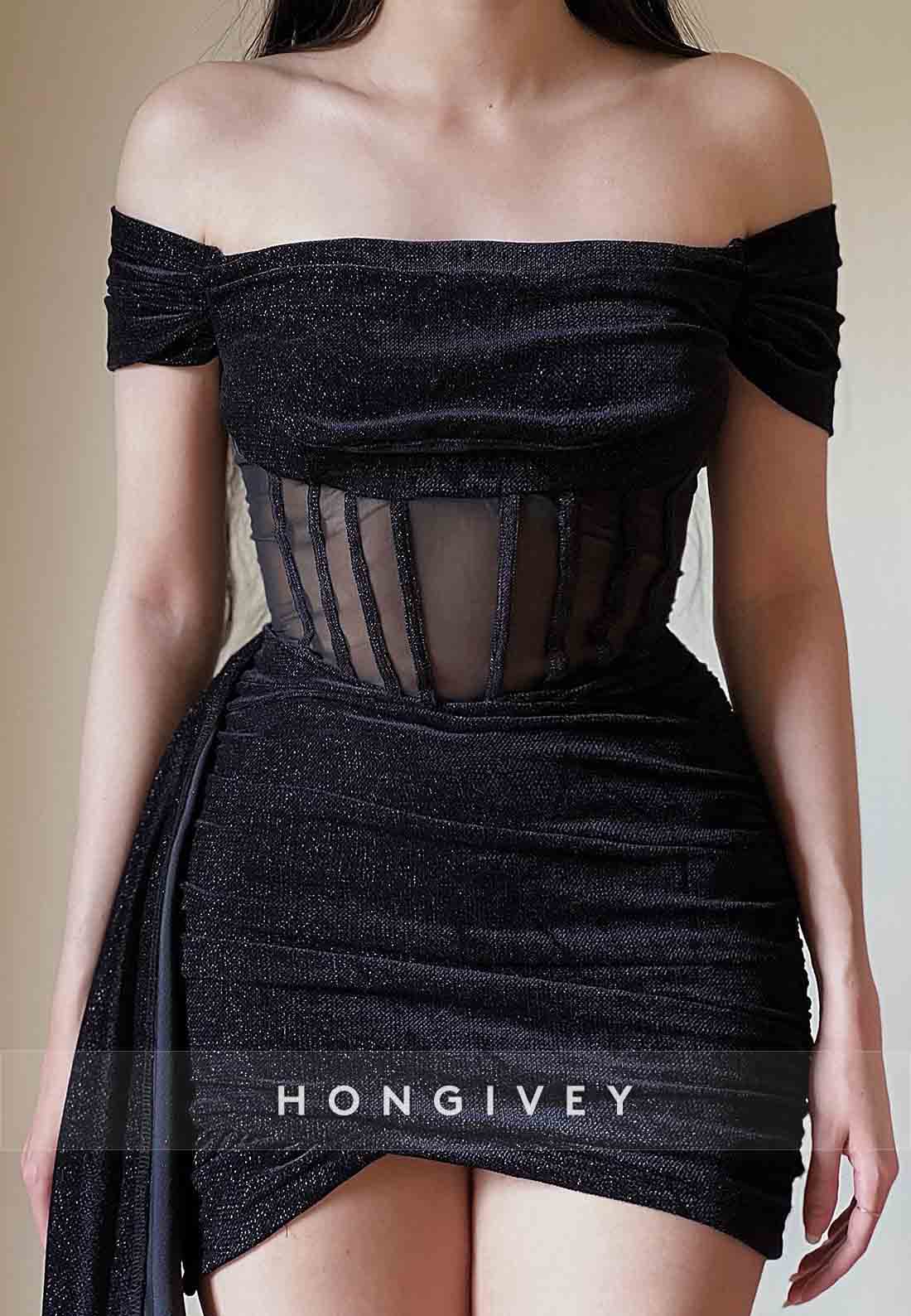 Black Off the Shoulder Side Draping Pleated Mini Homecoming Dresses