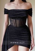 Black Off the Shoulder Side Draping Pleated Mini Homecoming Dresses