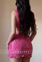Regular Straps Sleeveless Sequined Pleated Sheath Mini Homecoming Dresses