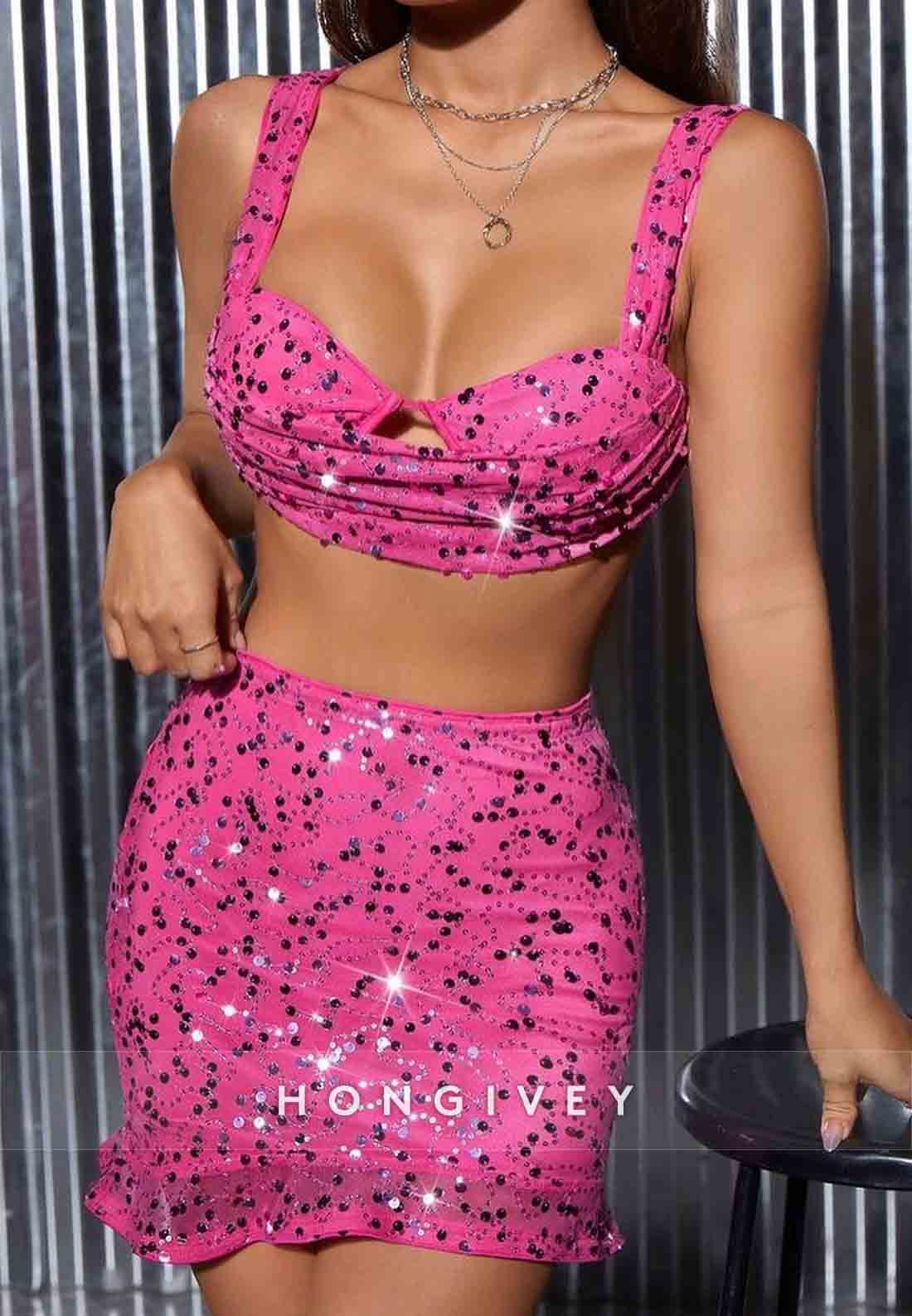 Regular Straps Sleeveless Sequined Pleated Sheath Mini Homecoming Dresses