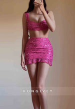 Regular Straps Sleeveless Sequined Pleated Sheath Mini Homecoming Dresses