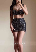 Regular Straps Sleeveless Sequined Pleated Sheath Mini Homecoming Dresses