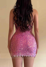 Pink Halter Sequined Sleeveless Bodycon Sheath Mini Homecoming Dress